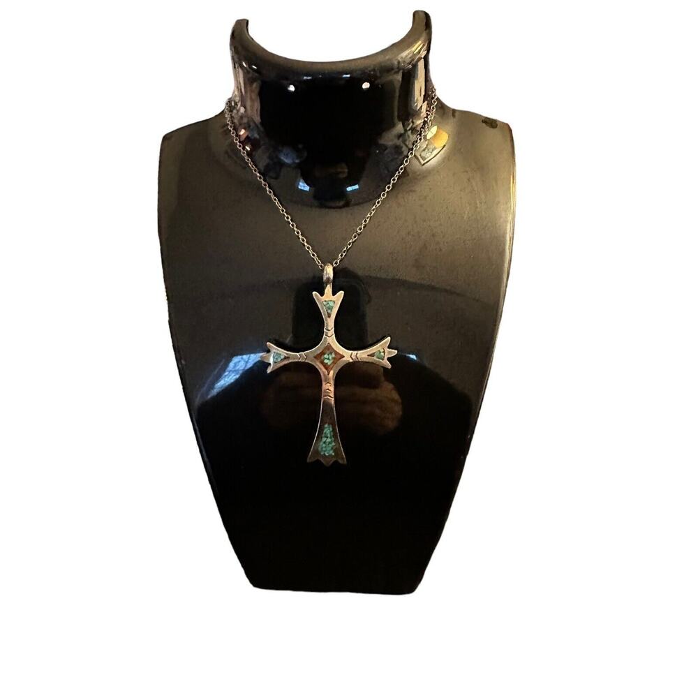 Sterling Native American Cross With Inlaid Red Coral And Turquoise Silver Chain - Picture 4 of 16